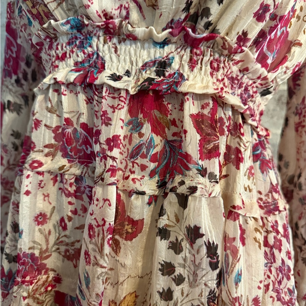 Free People Floral Tiered V-Neck Long Sleeve Dress in Cream and Pink - Picture 4 of 9